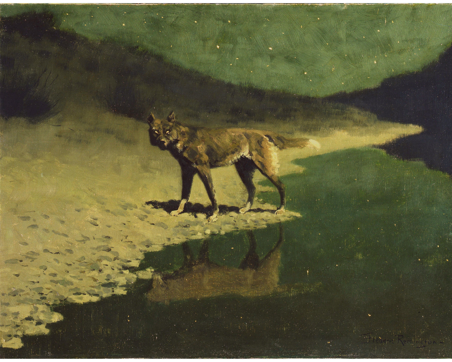 Arte de lobo vintage | Lobo a la luz de la luna | Impresión artística de lobo solitario | Vida salvaje vintage | Pintura de cielo estrellado | Arte mural de animales | Frederic Remington