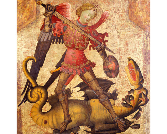 Arte de caballeros antiguos | San Miguel y dragón apocalíptico de siete cabezas | Historia medieval | Arte mural de fantasía | Bestiario antiguo | Artista español