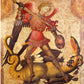 Vintage knight art | St. Michael & 7 headed apocalyptic dragon | Medieval history | Fantasy wall art | Antique beastiary | Spanish artist