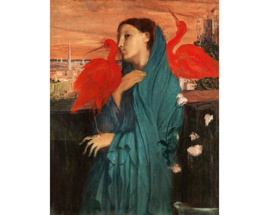 Mujer joven con ibis jadeando | Arte de aves vintage | Arte mural con retrato femenino | Edgar Degas | Diosa de la naturaleza | Impresión colorida | Artista francés