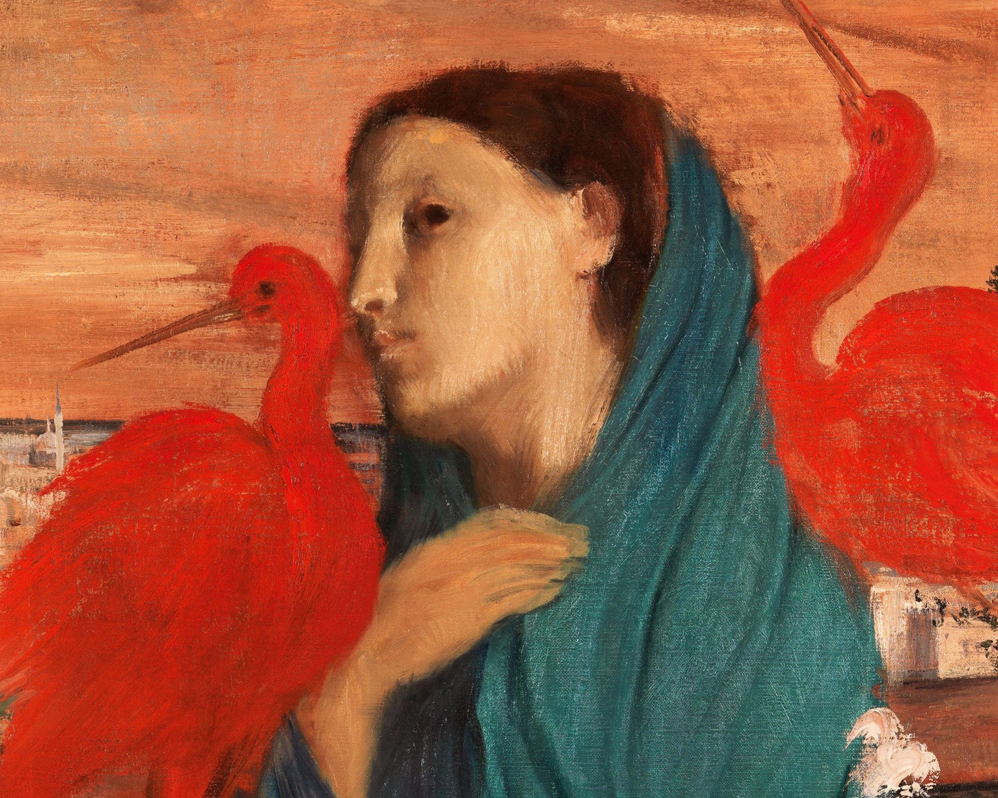 Young woman with Ibis panting | Vintage bird art | Female portrait wall art | Edgar Degas | Nature goddess | Colorful print | French artist