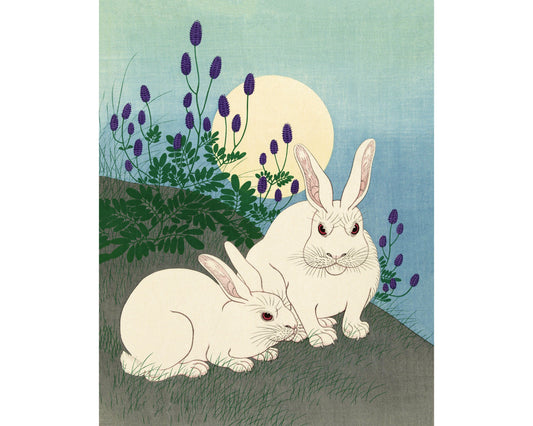 Vintage rabbit fine art | Rabbits at full moon | Color woodblock art print | Ohara Koson | Asian animal wall art | Japanese artist