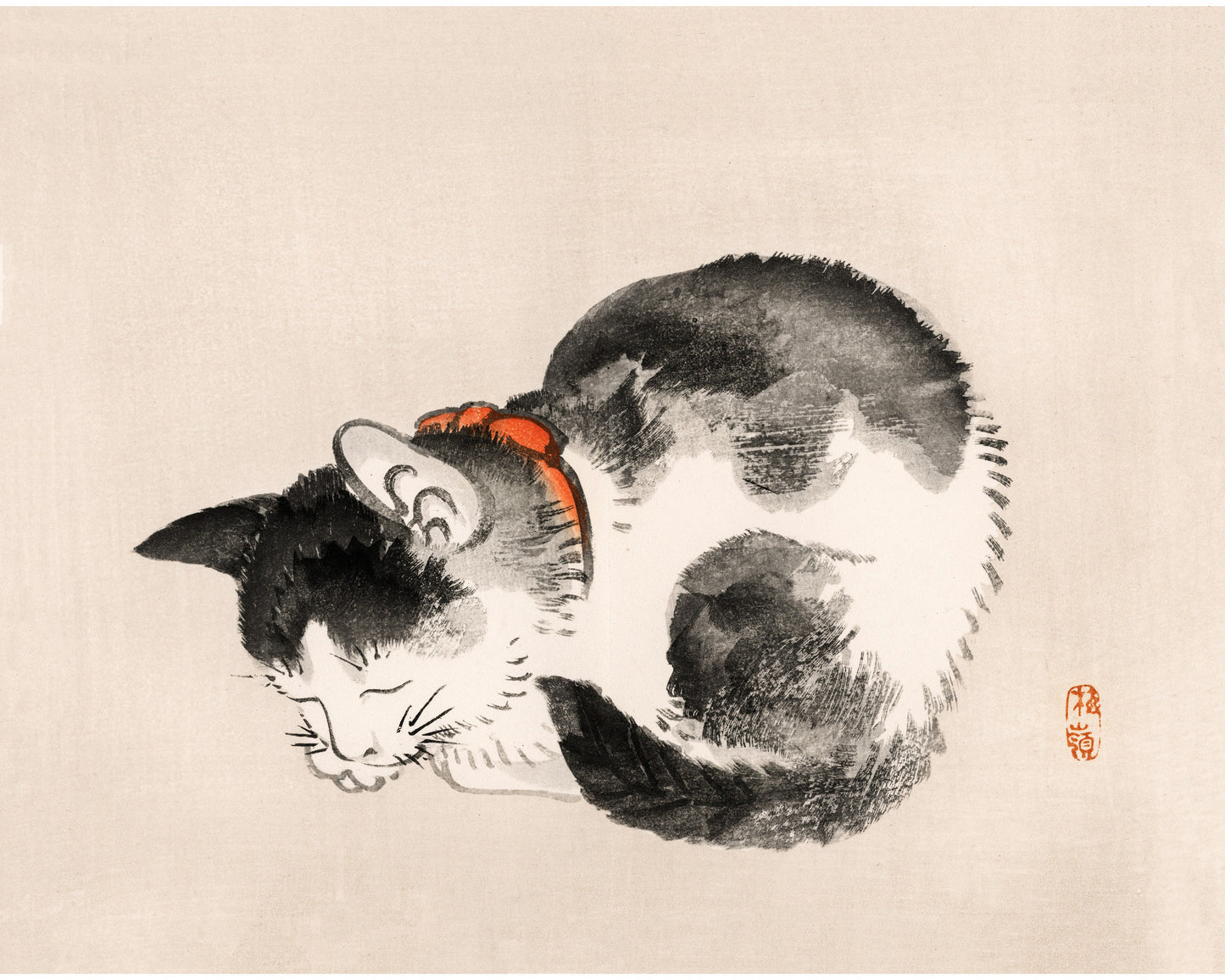 Lámina artística vintage de gato durmiendo japonés | Bloque de madera de Kōno Bairei | Arte mural de animales | Pintura minimalista moderna | Arte animal asiático