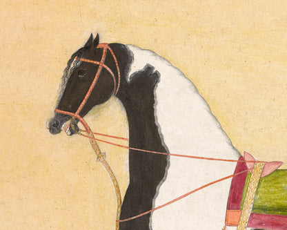 Impresión artística de un caballo | El corcel iraquí Jugaldan | Arte mural de animales | Caballo pinto y silla de montar | Artista indio | Bhavani Das | 1720