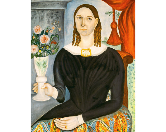 Retrato de arte popular estadounidense | Mujer antigua sosteniendo flores | Pintura naif | Arte mural americano | Ilustración de moda del siglo XIX | Thomas Skynner