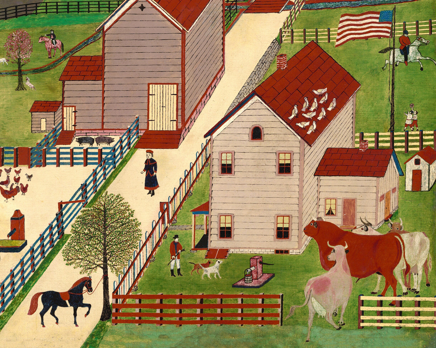 Americana folk art | Mahantango Valley Farm | Vintage farm wall art | Antique small town landscape | Cows, horses, birds, chickens, hunting