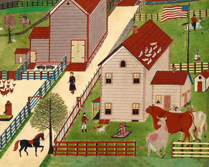 Arte popular americano | Granja del valle de Mahantango | Arte mural de granja antiguo | Paisaje de pueblo pequeño antiguo | Vacas, caballos, pájaros, gallinas, caza