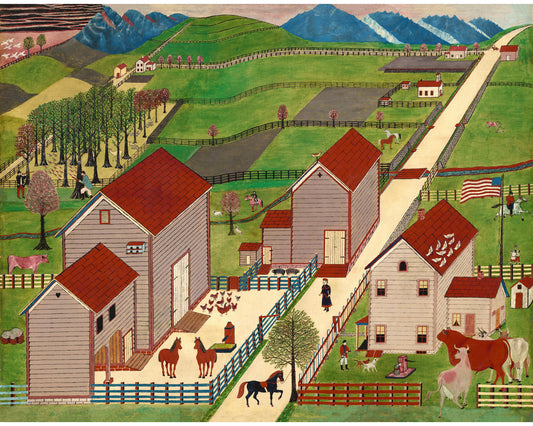 Arte popular americano | Granja del valle de Mahantango | Arte mural de granja antiguo | Paisaje de pueblo pequeño antiguo | Vacas, caballos, pájaros, gallinas, caza