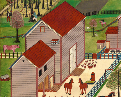 Arte popular americano | Granja del valle de Mahantango | Arte mural de granja antiguo | Paisaje de pueblo pequeño antiguo | Vacas, caballos, pájaros, gallinas, caza