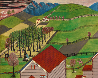 Arte popular americano | Granja del valle de Mahantango | Arte mural de granja antiguo | Paisaje de pueblo pequeño antiguo | Vacas, caballos, pájaros, gallinas, caza