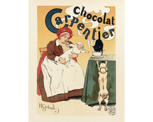 Anuncio de chocolate antiguo | Chocolat Carpentier | Arte de cocina de cafetería francesa | Arte mural de café y té | Perro, gato y bebé en el arte | H. Gerbault