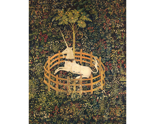 Medieval unicorn print | the Unicorn tapestries | Unicorn in captivity | Antique floral forest | Fantasy wall art | Tapestry art