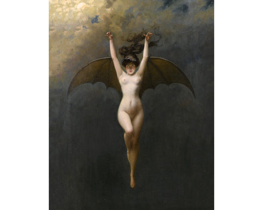 La Femme Chauve-Souris | Mujer murciélago | Desnudo gótico vintage | Bruja voladora | Arte mural ocultista y oscuro | Vampiro victoriano | Vampiro, súcubo