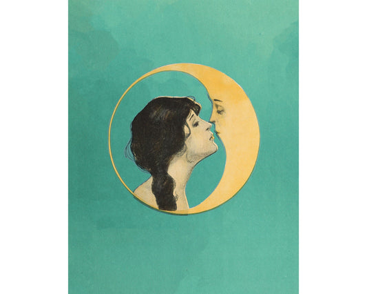 Mujer besando la luna | Amor vintage y San Valentín | Hombre antiguo en la luna | Arte de pared celestial | Luna antigua de Dixie | Decoración vintage moderna