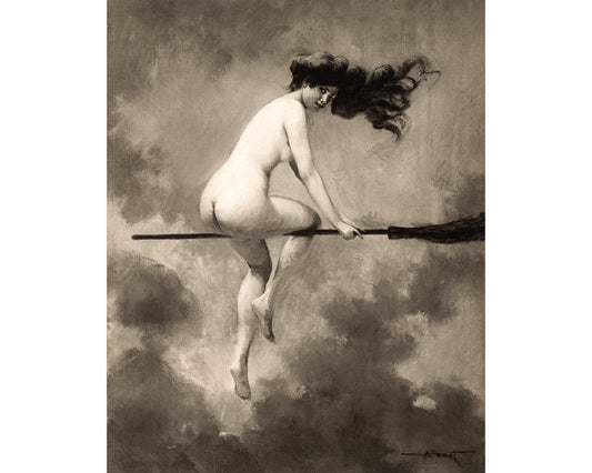 Descarga digital de arte mural - Départ pour le Sabbat - Bruja en su escoba | Impresión vintage de mujer desnuda | Albert Joseph Penot | Arte mural gótico | Impresión artística de Halloween | Decoración vintage moderna