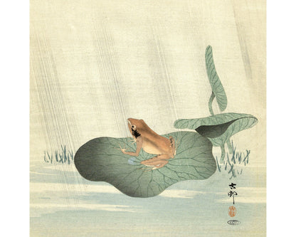 A color woodcut fine art print featuring a frog sitting on a lotus leaf, with a background suggesting a water scene.