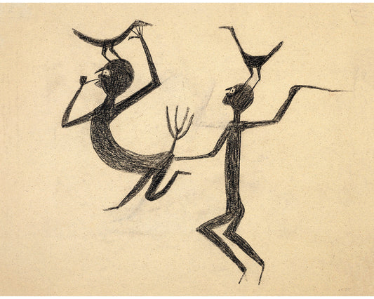 Arte americano de Bill Traylor | Dos figuras con horcas y pájaros | Arte popular animal | Arte mural marginal | Artista autodidacta afroamericano