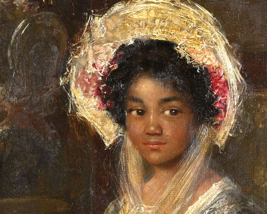 Retrato de niña victoriana | Mujer joven con abanico | Arte mural afroamericano | Pintura antigua de una niña negra | Simon Maris