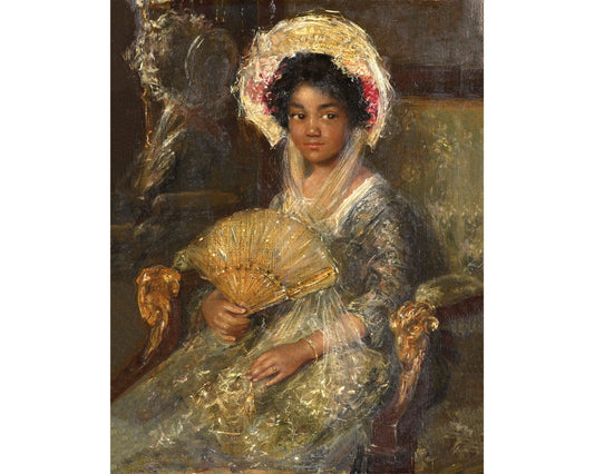 Retrato de niña victoriana | Mujer joven con abanico | Arte mural afroamericano | Pintura antigua de una niña negra | Simon Maris