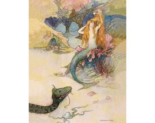 Lámina vintage de sirena | Sirena y serpiente marina | Ilustración del libro de Warwick Goble | Arte mural de fantasía | Decoración de cabañas, lagos y baños