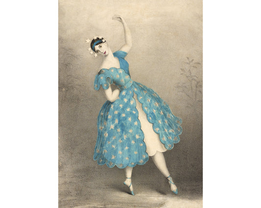 Lámina de bailarina vintage | Corona de estrellas | Vestido azul de estrellas | Traje de baile del siglo XIX | Lámina de moda de ballet | Decoración vintage moderna