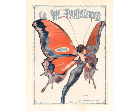 Lámina de moda francesa antigua | Mujer como mariposa | Arte de Chéri Hérouard de los años 20 | Arte mural Art Nouveau | Ilustración Metamorfosis