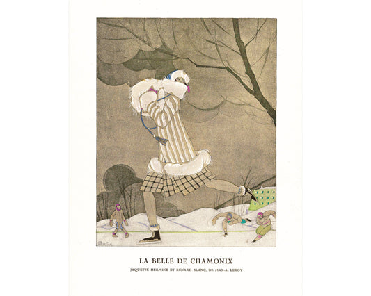 Moda de patinaje francesa de época | La belleza de Chamonix | Ilustración de moda de los años 20 | Arte art déco | Impresión artística giclée | Regalo ecológico