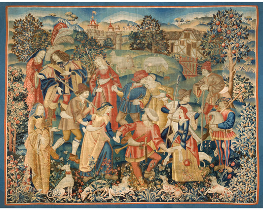 Impresión artística de danza pastoral | Pastores en danza circular | Arte de tapicería medieval | Escena pastoral con perro, oveja y castillo | Textil del siglo XVI