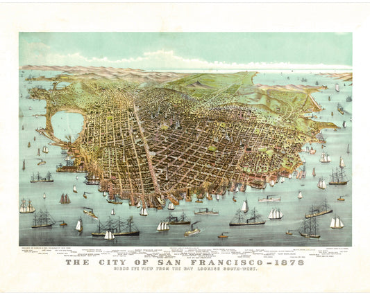 Mapa antiguo de San Francisco | Vista aérea de la bahía | Cartografía americana antigua | Arte mural de viajeros | Decoración vintage moderna