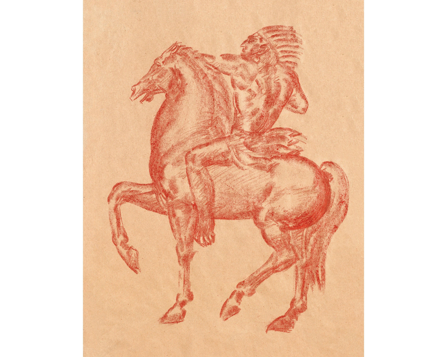 Native American on horseback drawing | American artist Ivan Meštrović | Crayon on cardboard art print | 19th century Indigenous wall art