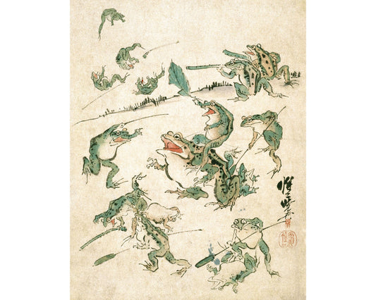 Arte de ranas vintage | Batalla de ranas | Boceto de Kawanabe Kyosai | Arte asiático del siglo XIX | Agua, animal del pantano | Decoración vintage moderna