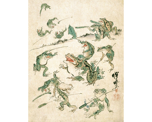 Vintage frog art | Battle of the frogs | Kawanabe Kyosai sketch | 19th century Asian art | Water, swamp animal | Modern vintage décor