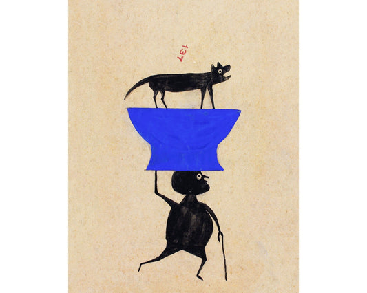 Arte americano de Bill Traylor | Hombre cargando un perro o un gato | Arte popular animal | Artista autodidacta afroamericano | Decoración de pared vintage moderna