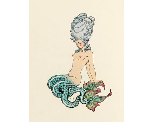 Arte de sirena francesa vintage | Mujer desnuda antigua | Sirena barroca seductora | Pintura de océano y agua | Arte mural para baño | George Barbier