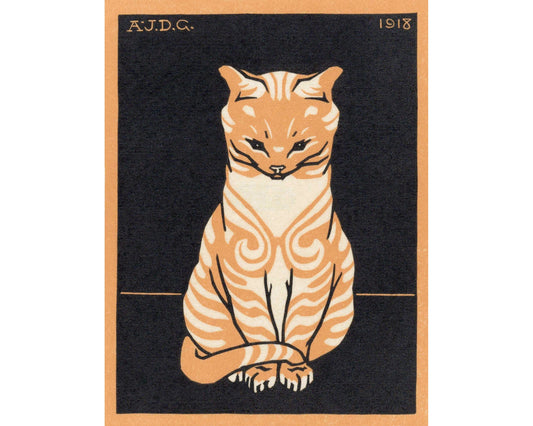 Impresión artística de gato naranja vintage | Gato atigrado | Grabado en madera de animales estilo art nouveau | Arte mural de animales en xilografía | Julie de Graag