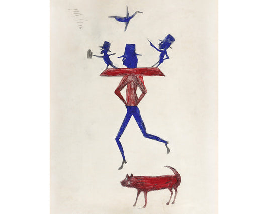 Arte americano de Bill Traylor | Hombre con yugo, pájaro y perro | Arte popular animal | Artista autodidacta afroamericano | Decoración de pared vintage moderna