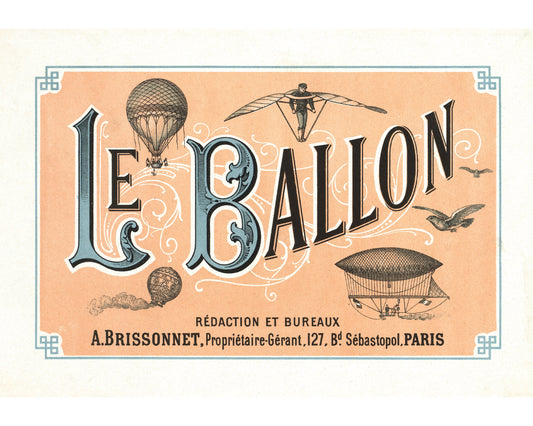 Vintage French hot air balloon art | Flying man print | Le Ballon | Paris, France | Travelers wall decor | Modern Vintage decor