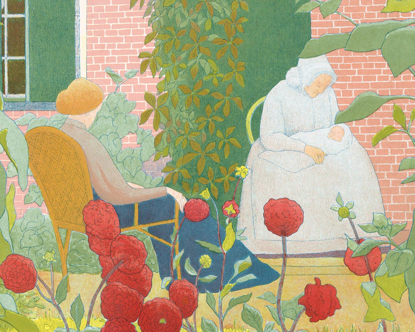 Abuela, madre con bebé | Impresión de bellas artes vintage | Jardín de flores amarillas y rojas | Arte mural Art Nouveau | Arte generacional antiguo