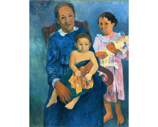 Retrato vintage de maternidad | Mujer polinesia con niños y gato | Paul Gauguin | Arte mural de padre e hijo | Arte de persona de color