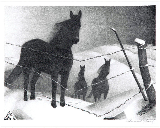 Impresión artística de caballos antiguos | Febrero | Grant Wood | Arte animal | Arte mural de granja | Ilustración en blanco y negro | Decoración vintage moderna