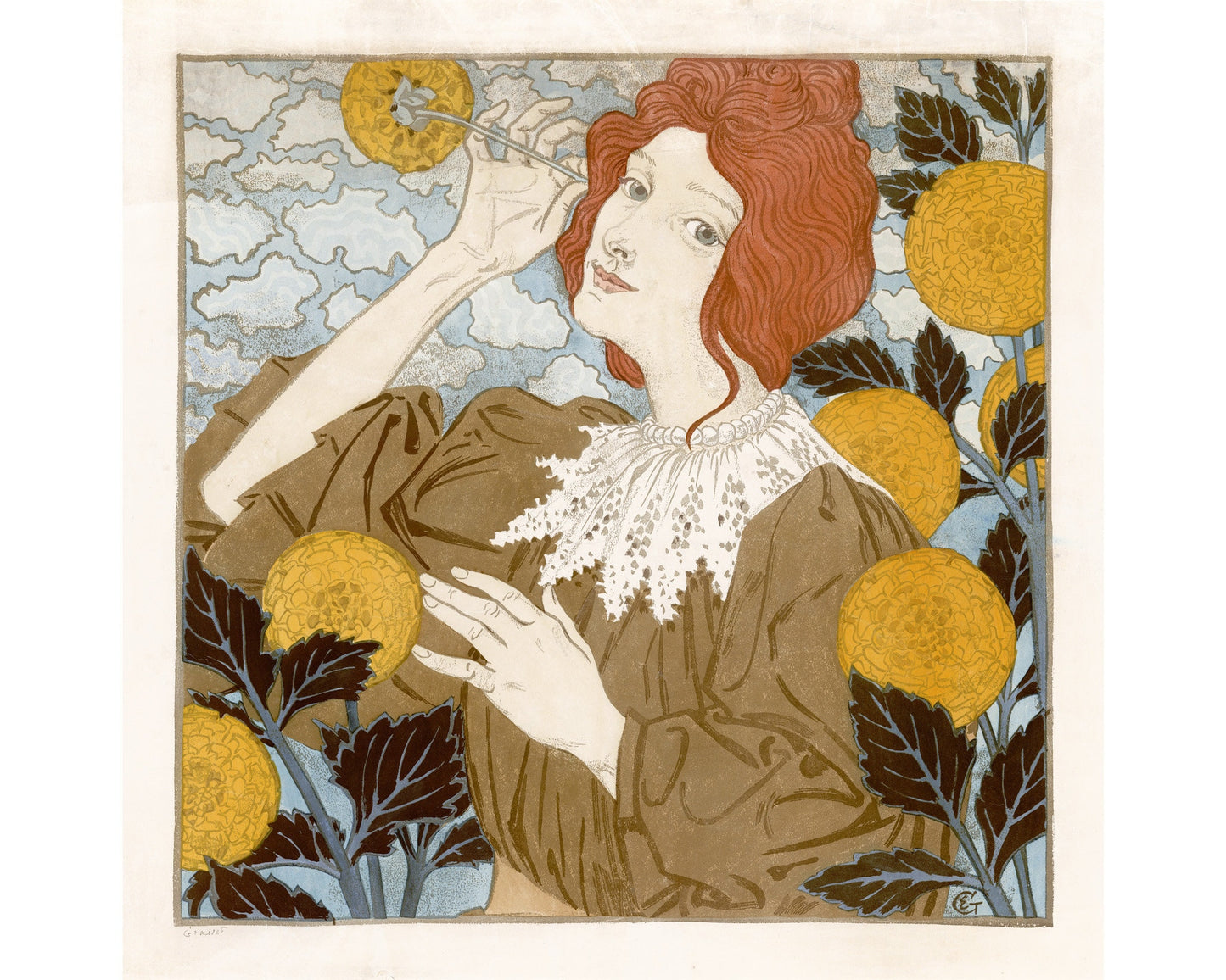 Vintage red head with flowers | Fine art print | Coquetterie | Eugene Grasset | Feminine art print | Art nouveau wall art | French artist