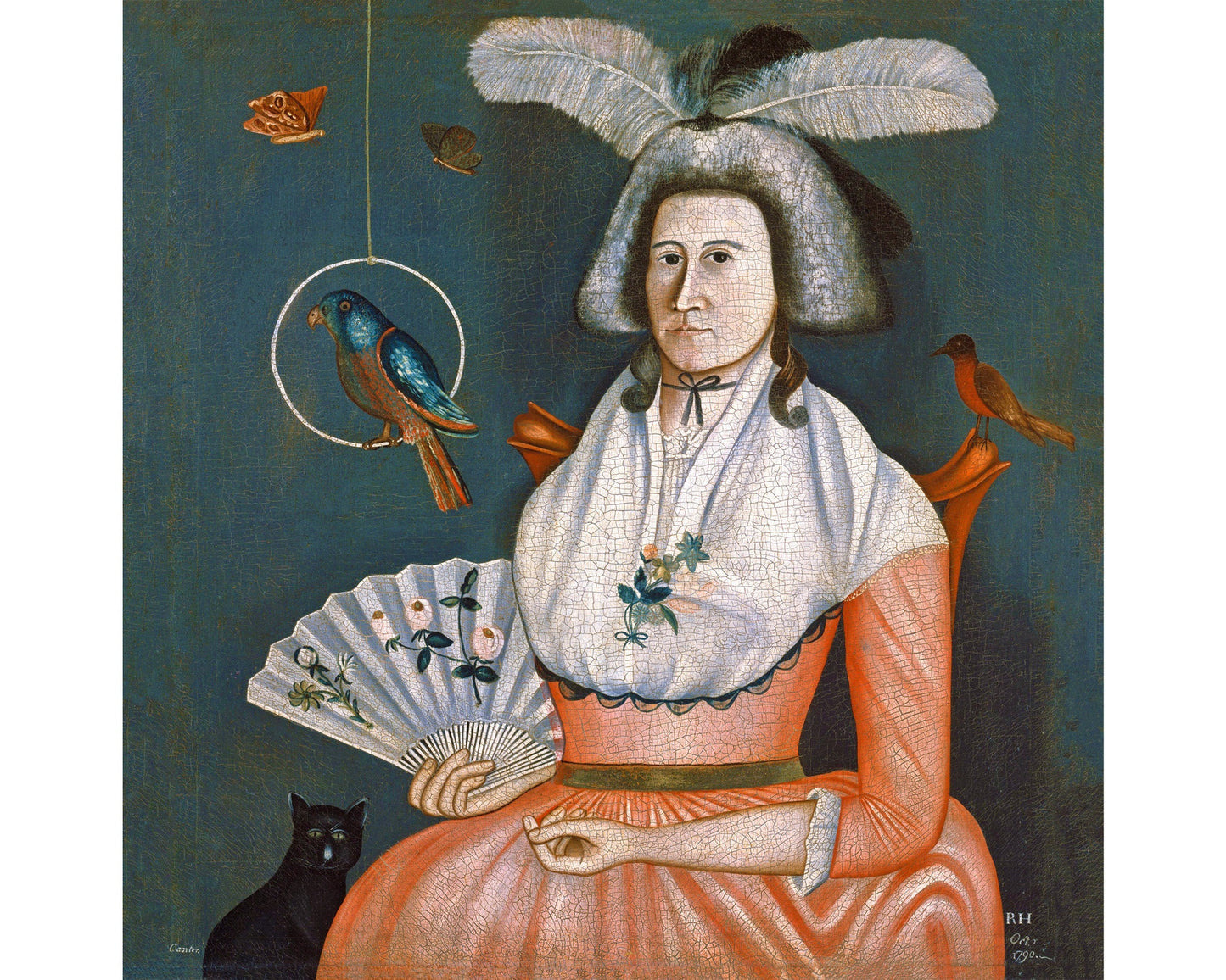 Retrato de arte popular estadounidense | Mujer con sus mascotas | Arte con pájaros, mariposas y gatos | Arte mural americano | Moda del siglo XVIII | Rufus Hathaway