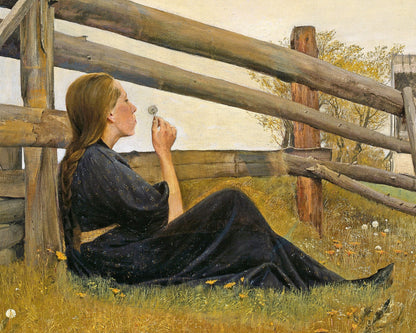 Chica soñadora | En el mes de junio | Chica caprichosa con diente de león | Arte de granja | Arte danés moderno | Hygge escandinavo