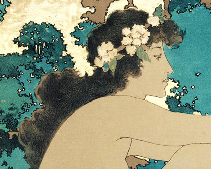Ninfa leyendo un libro | La lectora | Lámina femenina | Arte mural art nouveau | Flores y bosques | Ilustración de la revista Maxfield Parrish