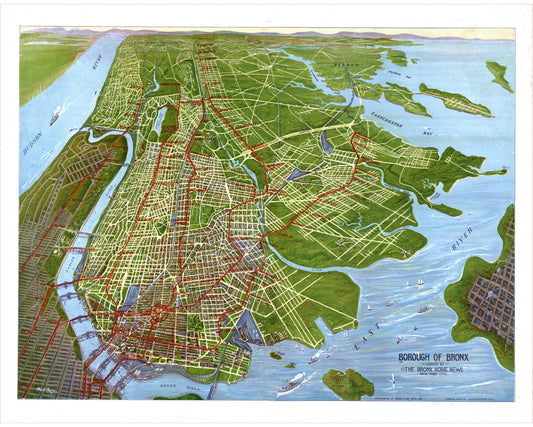 Mapa antiguo de Nueva York | Distrito del Bronx | Vista aérea | Barcos en un puerto estadounidense de los años 20 | Cartografía antigua | Arte mural de viajeros