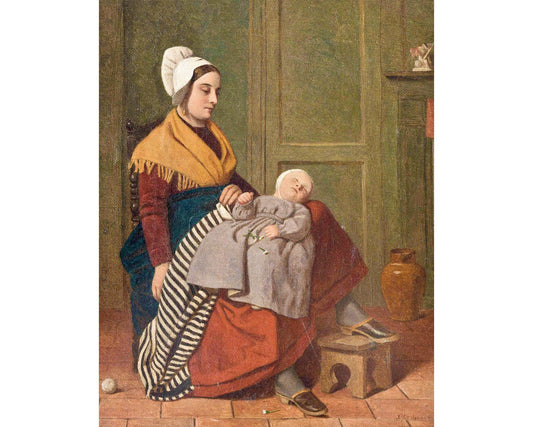 Vintage portrait of motherhood | The Young Mother | Pre-Raphaelite fine art painting | Historical house in art | Parent and child wall art