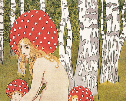 Impresión artística vintage de Madre Naturaleza | Madre Hongo y sus hijos | Arte mural antiguo de bosque | Pintura de cuento de hadas | Bosque mágico