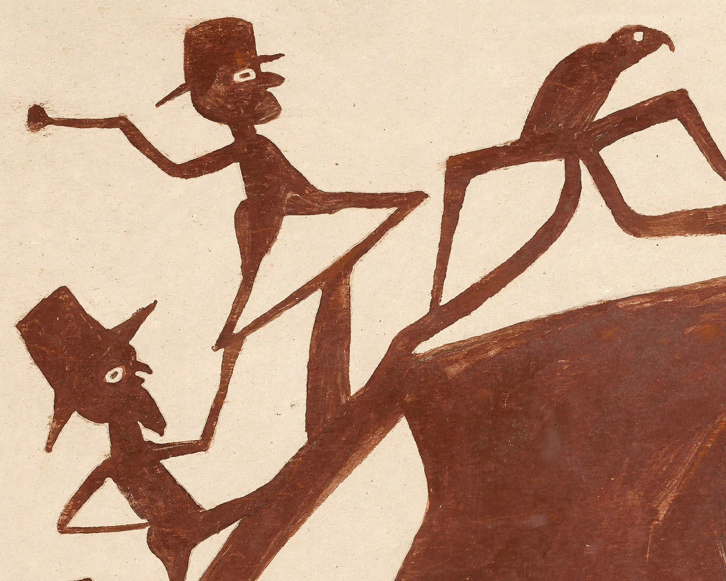 Bill Traylor Americana art | Brown figures chasing a bird | Naive folk art | Outsider wall art | African American self-taught artist