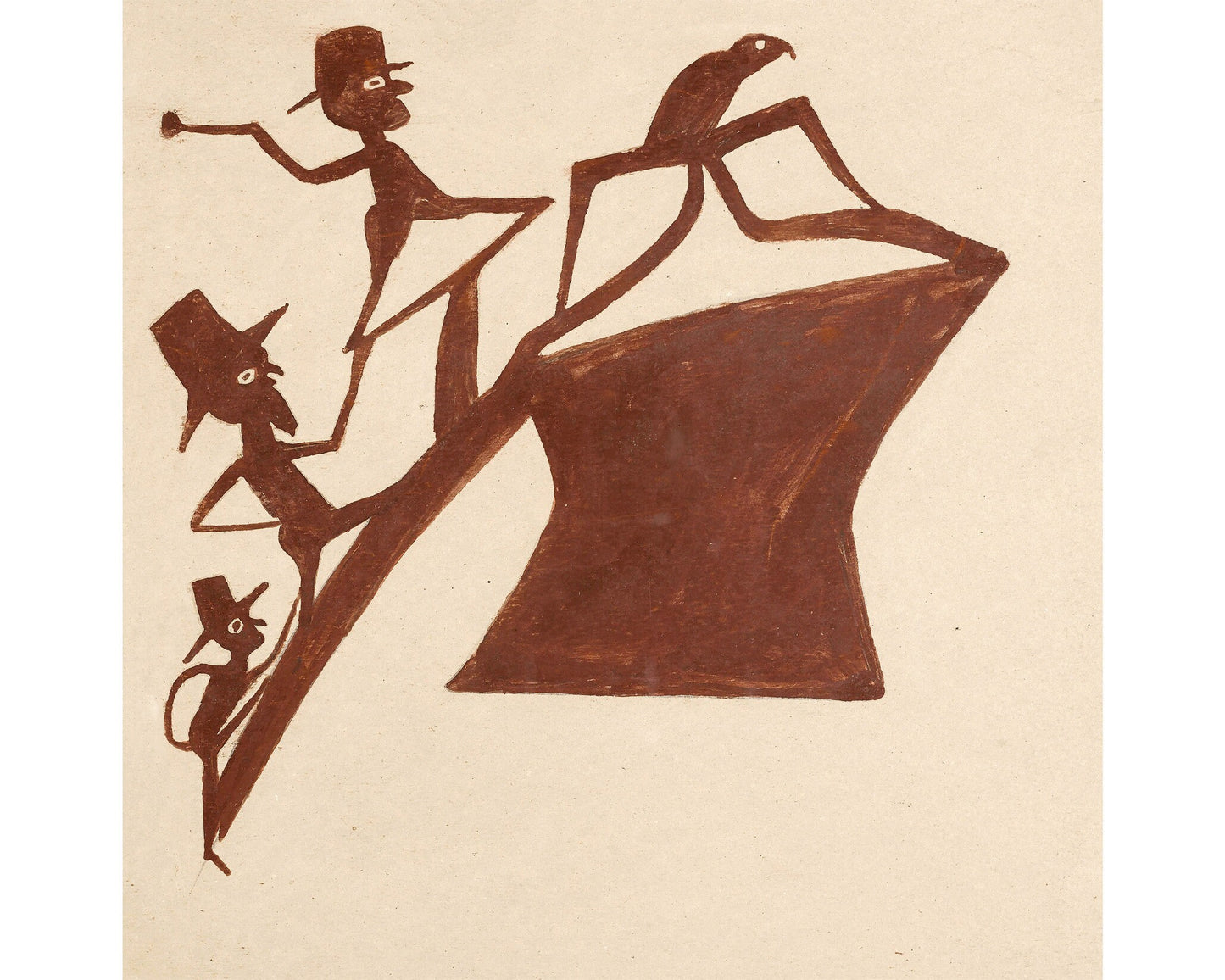 Bill Traylor Americana art | Brown figures chasing a bird | Naive folk art | Outsider wall art | African American self-taught artist