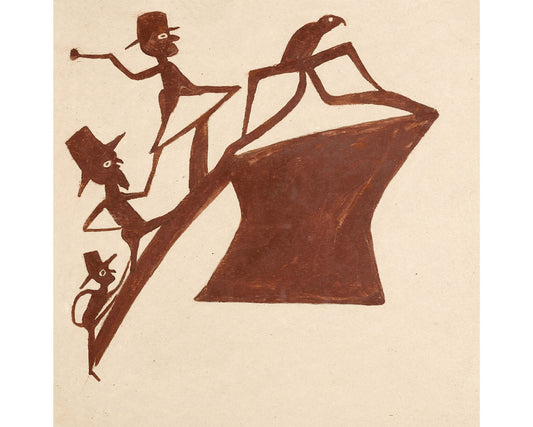 Arte americano de Bill Traylor | Figuras marrones persiguiendo un pájaro | Arte popular ingenuo | Arte mural marginal | Artista autodidacta afroamericano